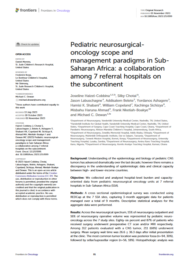 1/3 New publication alert! 💥 Our latest study conducted across 7 African countries seeks to broaden our understanding of pediatric CNS tumor burden and the resources available to manage the condition in this region is now published in @FrontOncology . frontiersin.org/journals/oncol…