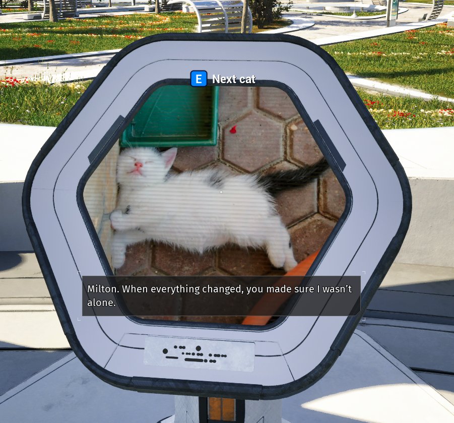 CanYouPetTheDog's tweet image. The Talos Principle 2 features a location called Milton's Rest, a kind of cat memorial in the universe of the game. The cats at Milton's Rest are also all real companions belonging to developers, beta testers, and those at Devolver Digital. Their memories are now immortalized.