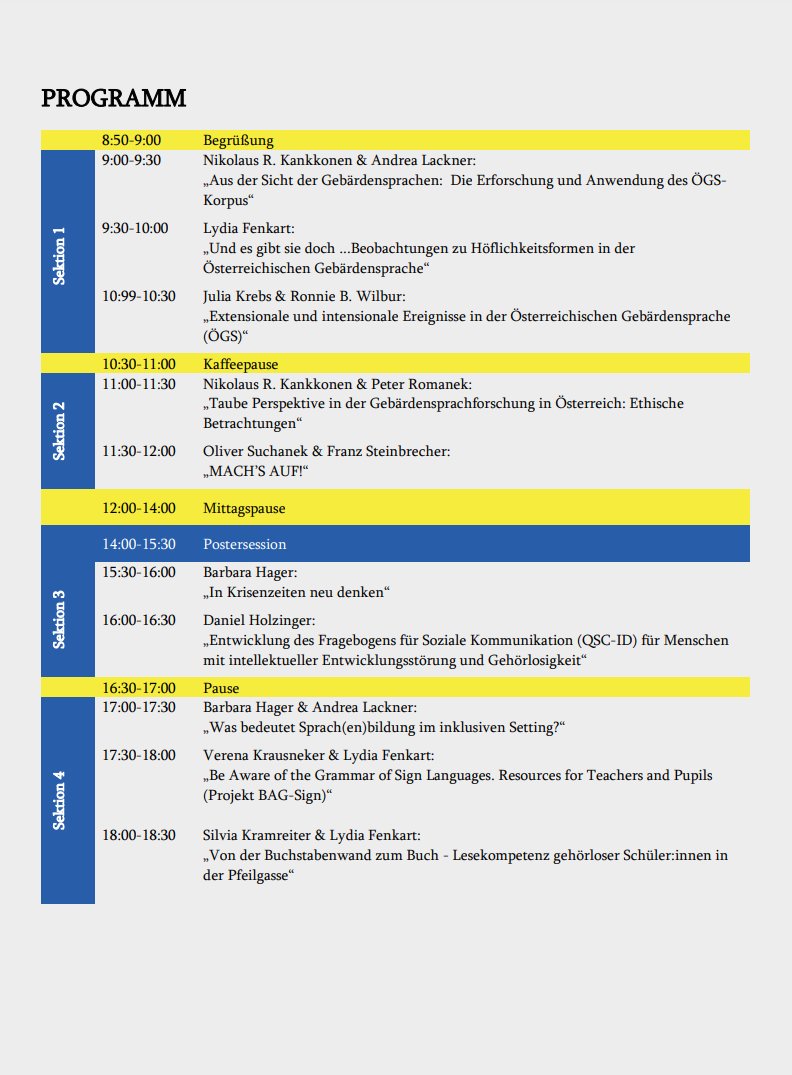 BierbaumerLisa's tweet photo. Was für ein vielseitiges Programm am heurigen verbal-Workshop "Gebärdensprachforschung und Deaf Studies in Österreich"! 🙌🇦🇹 Kommt zur ÖLT nach Graz am 8.12.2023, Anmeldung ist noch bis 15.11.2023 möglich. ÖGS-Version hier: https://t.co/3ylF4uMK5F https://t.co/taFz00V3jr