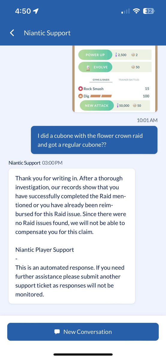 heycrystaal's tweet photo. @NianticHelp @PokemonGoApp I did a flower crown cubone raid and when I went to catch it there was no flower crown and this is the response I keep getting from support. Hello???? https://t.co/WQSDN96KcF