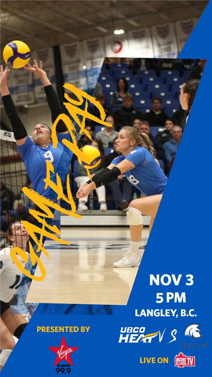 UBCOHeat's tweet photo. W🏐 GAME DAY!  

The Heat shoot for their fourth win in a row against the No. 2 @twuspartans 

📍 Langley, B.C. 
⏰ 5 PM 
📊 https://t.co/hEM0y78OCl  
📺 https://t.co/3gRGPuGNix 

#GoHeatGo | @VirginRadioKel https://t.co/Csz2nTtq8A