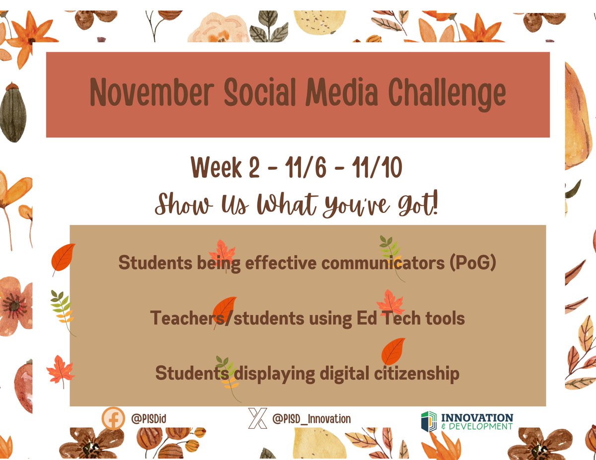 PISD_Innovation's tweet photo. 👋We're ready to start week 2 of #PISDNOVCHALLENGE. Let's see amazing things happening on your campus. Remember, teachers can submit their own entry! The more=The better!👍If you're just getting started, no worries. Don't forget to tag @PISD_Innovation &amp; Show Us What You've Got😃 https://t.co/VXTimoxure