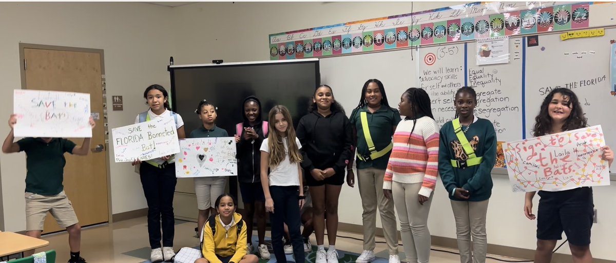 PJESCounseling's tweet photo. The Sustainable Futures club @PineJogES learned about the endangered endemic FL Bonneted bat and what we can do to try and help protect them.  The students prepared my sign so I can join @RonMagill tomorrow and share our voice and hope to #LetThemThrive‼️ https://t.co/D7ZidJh7ZN