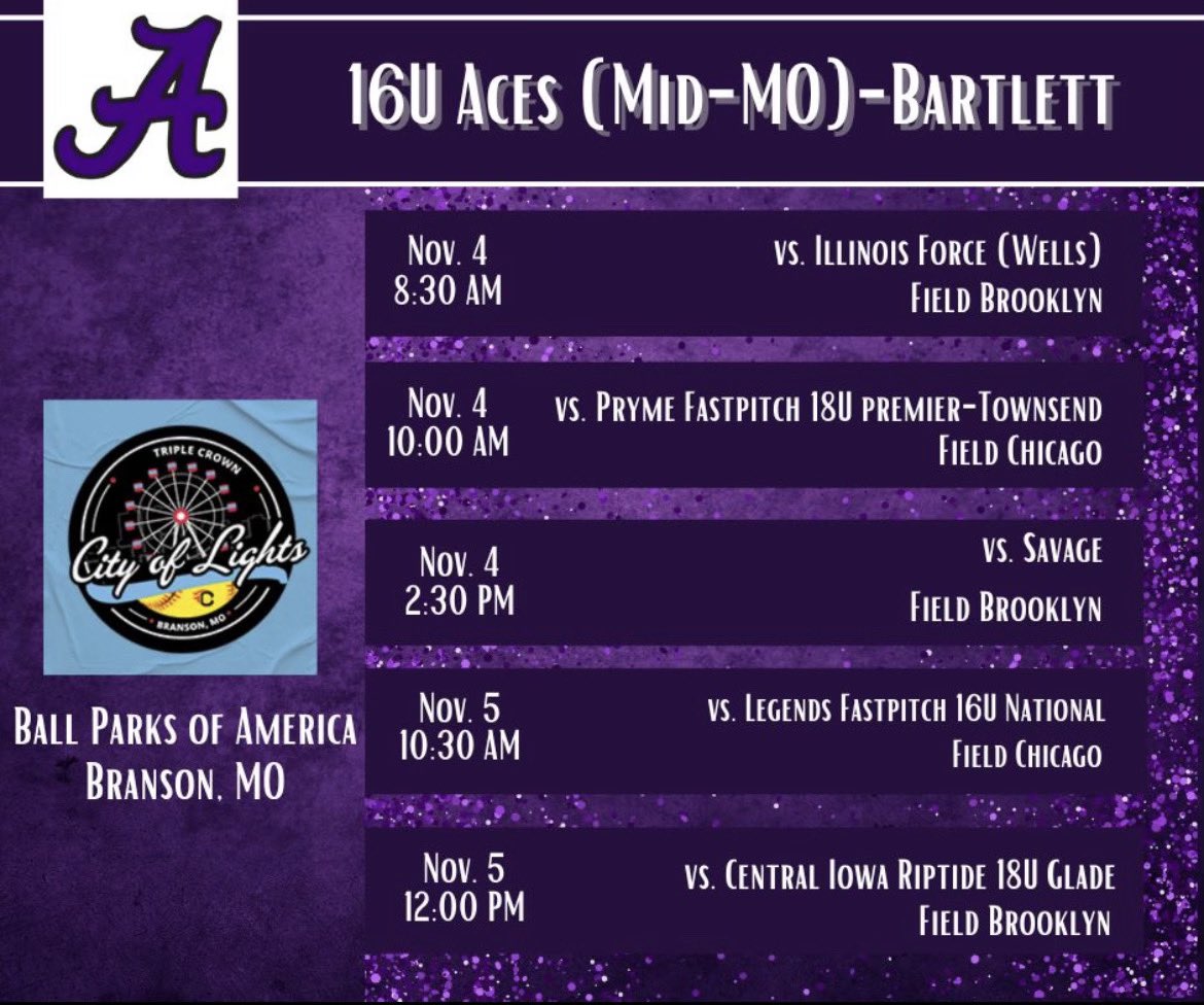 I am excited to play with my Aces girls again in the Branson City of Lights tournament this weekend! <a href="/AcesFPMidMO/">Aces Fastpitch (Mid-MO)</a> <a href="/tbartlett76/">Taylor Bartlett</a>