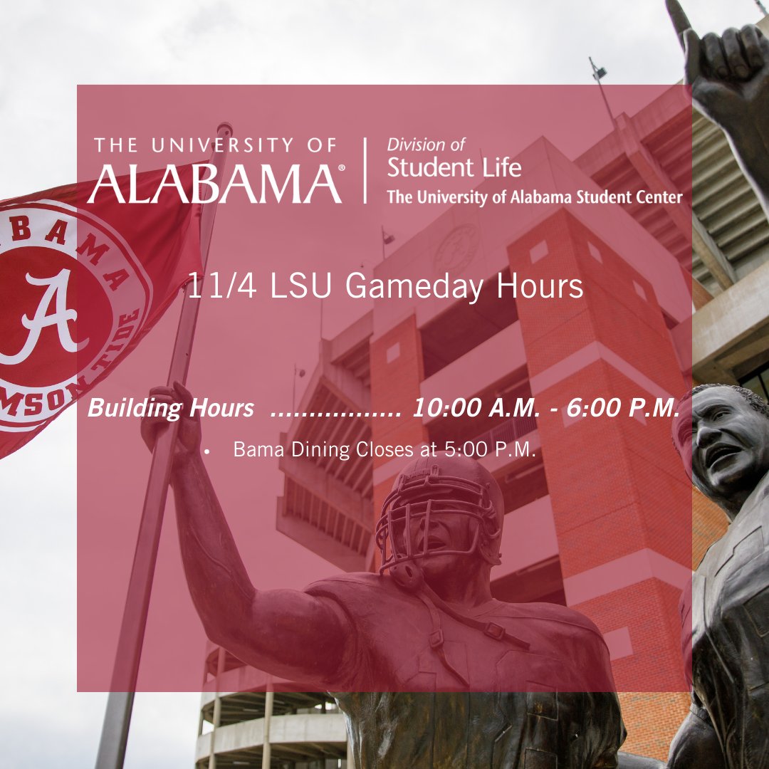 Get ready for the upcoming LSU game at the Student Center! Our hours for this Saturday will remain the same to accommodate the excitement for this gameday. Roll Tide! 🐘🏈
#UAstudentcenter #rolltide #buildinghours