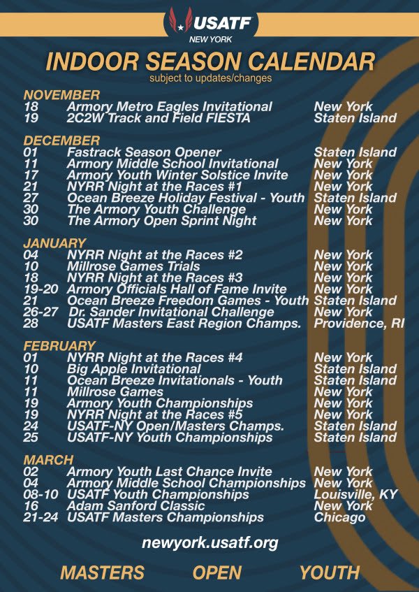 ArmoryNYC's tweet image. Below is the 2024 @usatf indoor season calendar!! Click the link in our bio to register for the upcoming meets! 

See you then🏃‍♀️💨🏃💨 

#Armorynation #trackisback #indoortrack #trackandfield