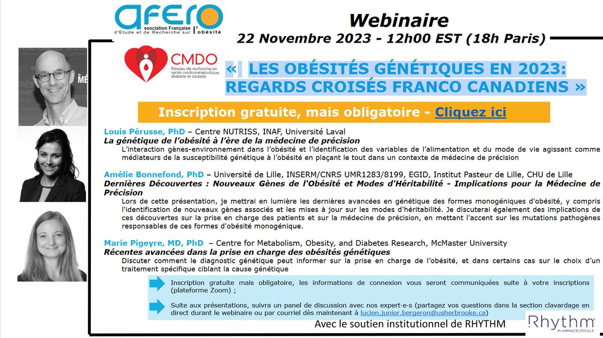 📢Webinaire offert par le CMDO et l'AFERO.
« Les obésités génétiques en 2023: Regards croisés franco canadiens »
🗓️ 22 novembre 2023 à 12h heure de l'est (18h à Paris)
🔗Pour vous inscrire:us02web.zoom.us/meeting/regist…