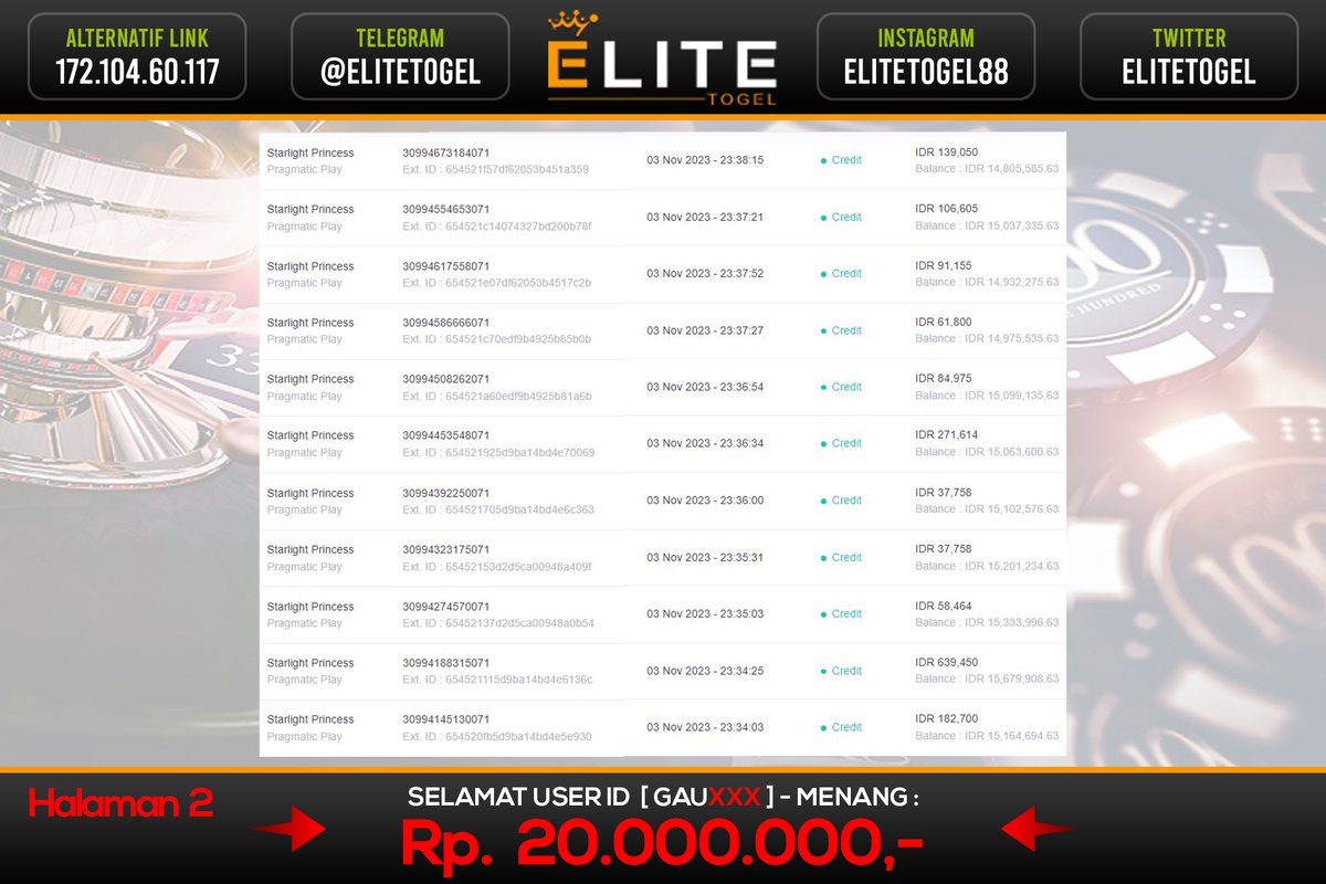 EliteTogel's tweet photo. PRECIOUS ELITE !!

Kami Ucapkan Congrats Teruntuk Member Setia User Id : GAUxxx
Telah Memenangkan 20 JUTA Pada Permainan SLOT Pada Tanggal 04 November 2023

Segera Ikuti kami untuk mendapatkan informasi menarik lebih lanjut! https://t.co/wWYQU4hYt2
