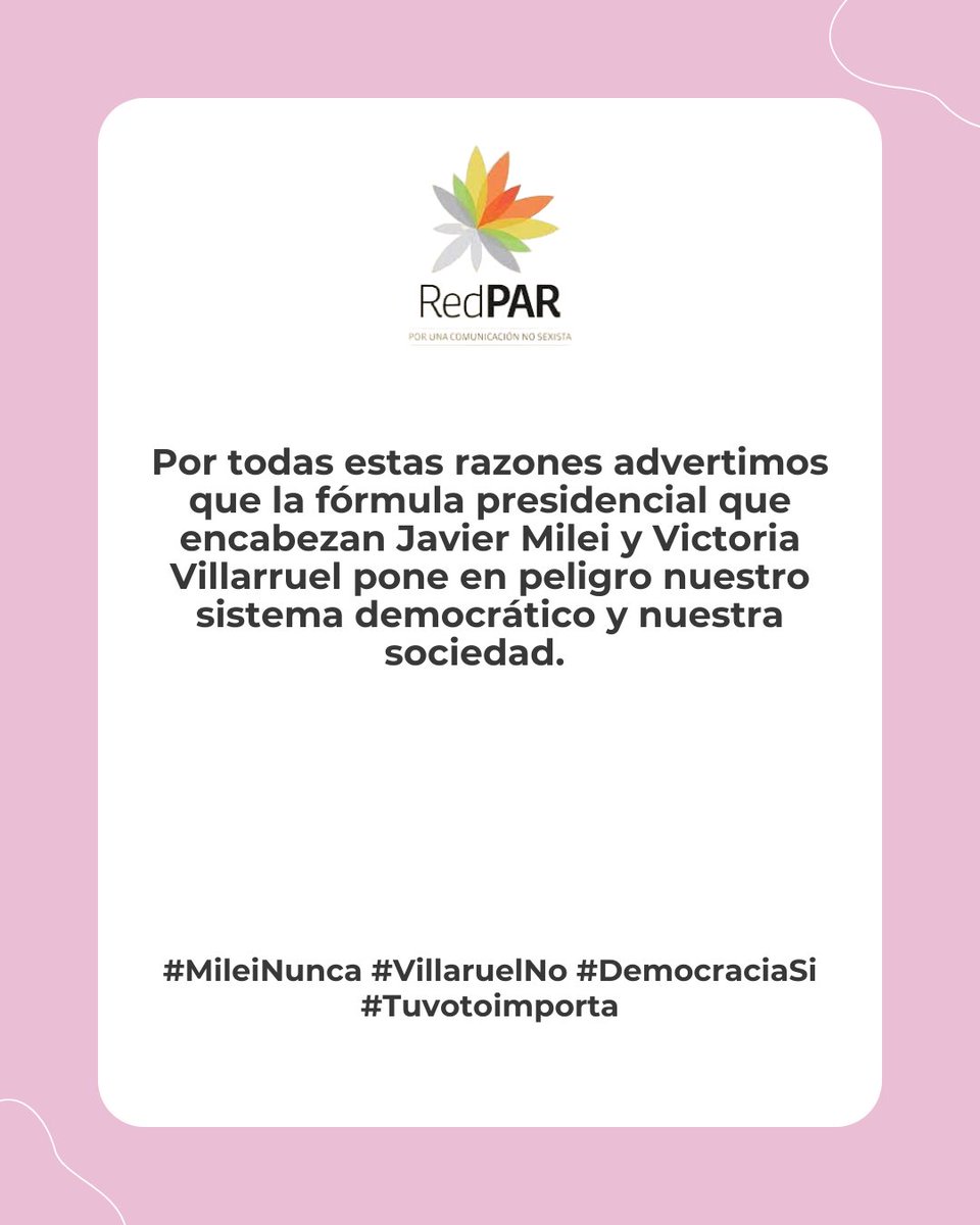 #MileiNo

Periodistas de Argentina en Red por una Comunicación No Sexista, decimos No a Milei

#MileiNunca #VillaruelNo #DemocraciaSi #tuvotoimporta
