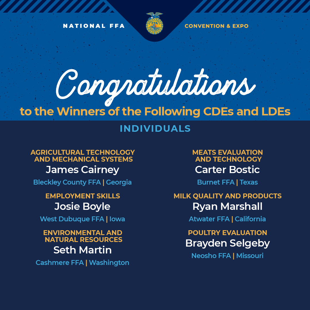 NationalFFA's tweet photo. CDE's and LDE's have been announced! 🌟 🌱

Click below for more! 

🔗 👇
https://t.co/hs8a9E4r1F 

#FFA23 #NationalFFA #FFA #CDE #Awards #ConventionAndExpo #SessionFive #foreverblue https://t.co/Dm714fVo3Z