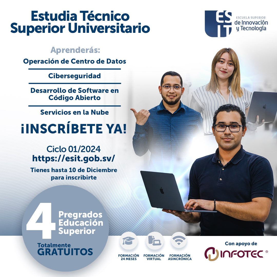 EducacionSV's tweet image. ¿Te interesa el mundo digital y las tecnologías emergentes? Si es así, la @ESITgobsv es tu ventana de profesionalización. 

👩🏻‍💻🧑🏻‍💻 | Tienes hasta el 10 de diciembre para inscribirte en el ciclo 01/2024 en la Escuela Superior de Innovación y Tecnología. Podrás sacar un Técnico…