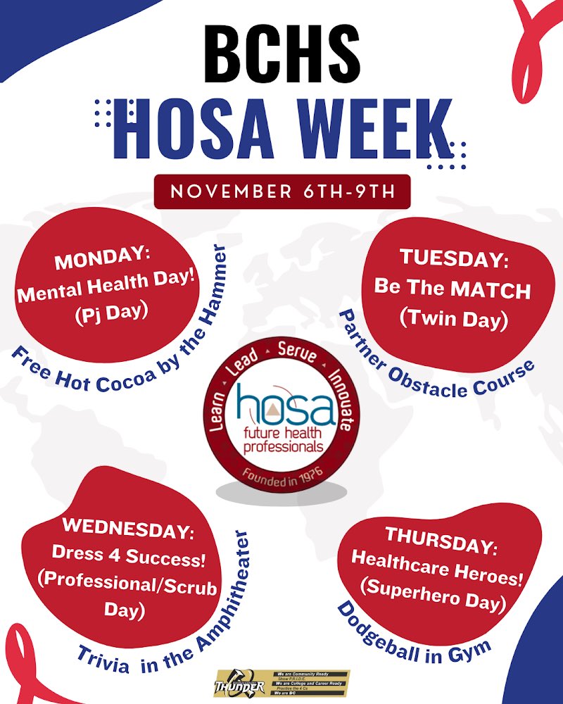 Here’s the 11/6-11/9 HOSA dress up days and lunch time activities!! 🖤⚡️🩺 

#HOSA #BCOE #BuhachPride