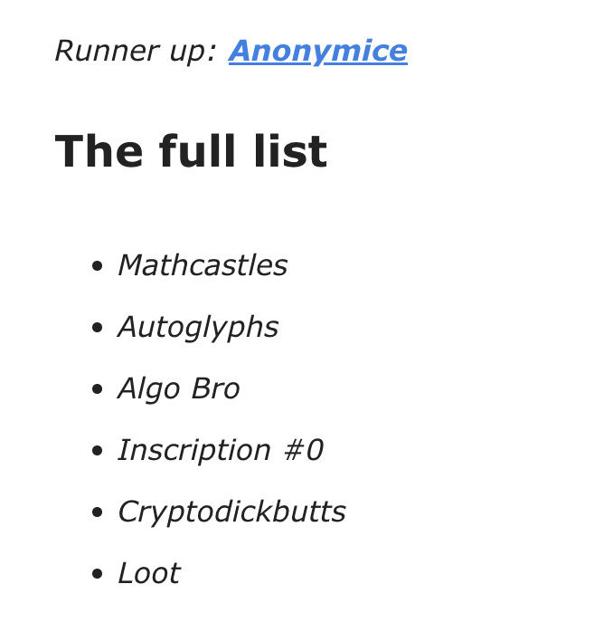 Thanks @GiancarloChaux for shouting out Anonymice on the latest @mintorskip email letter. ❤️ (Runner up is fantastic on such a great list) @Mintorskip is a great resource for keeping up to date with the NFT space and upcoming collection drops!