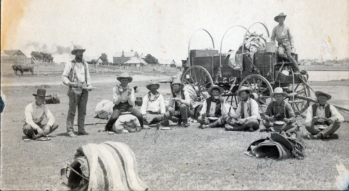 TracesofTexas's tweet photo. Llano Cattle Company cowboys in Clarendon, Texas, 1904.  Left to right: Ben Wilkes, Samp Morrow, Tom Williams, John Doty, Andrew Coggins, Jim Weatherford, Ed Williams, Will Wilkes on the wagon, Hale Wilkes and Sam Wilkes. Courtesy the fine Borden County Museum in Gail, Texas. https://t.co/pme54Jqq94
