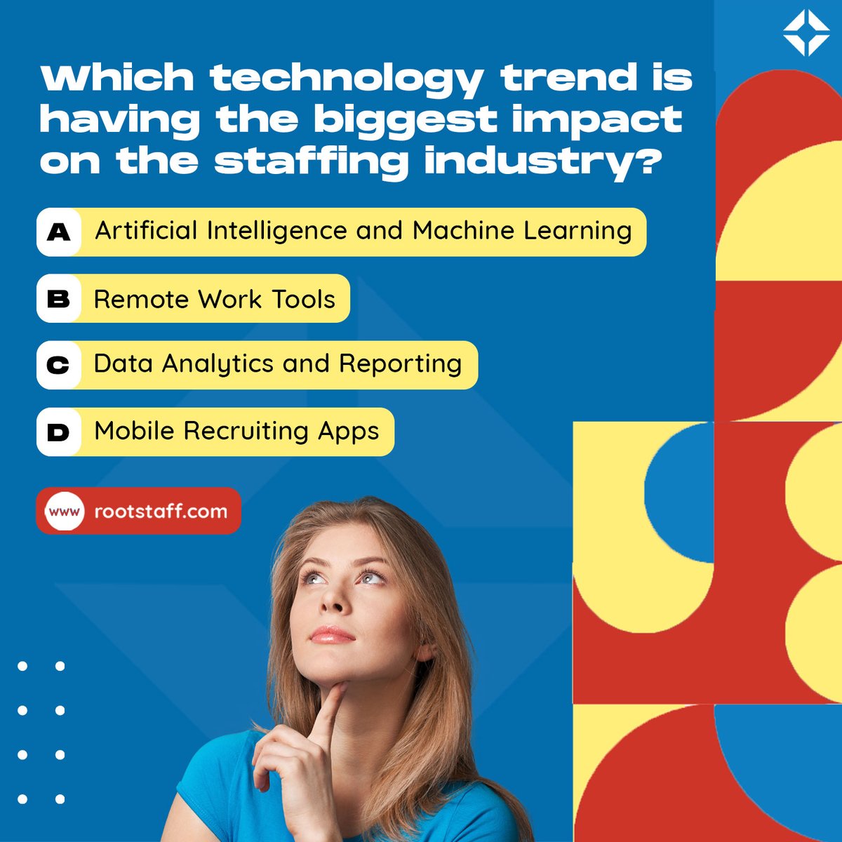 Tech is reshaping the staffing game!
What tech trend do you think is making the most waves in the staffing industry right now?

#linkedinpoll #poll #staffing #recruiting #AI #machinelearning #staffingindustry #remotework #workforce #rootstaff #usrecruitment #hiring