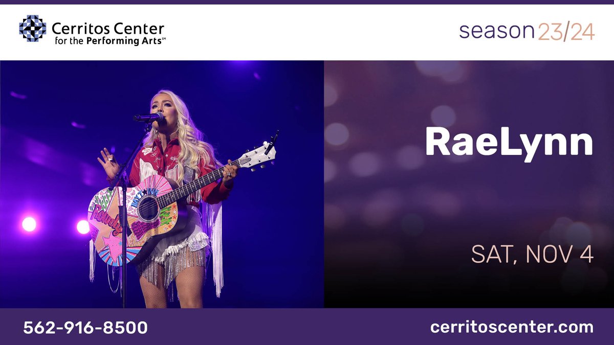 It's tomorrow! @RaeLynn, one of the best female vocalists in the Country music scene comes to the @cerritoscenter! The show begins at 8 p.m. Get your tickets today at tickets.cerritoscenter.com/7161