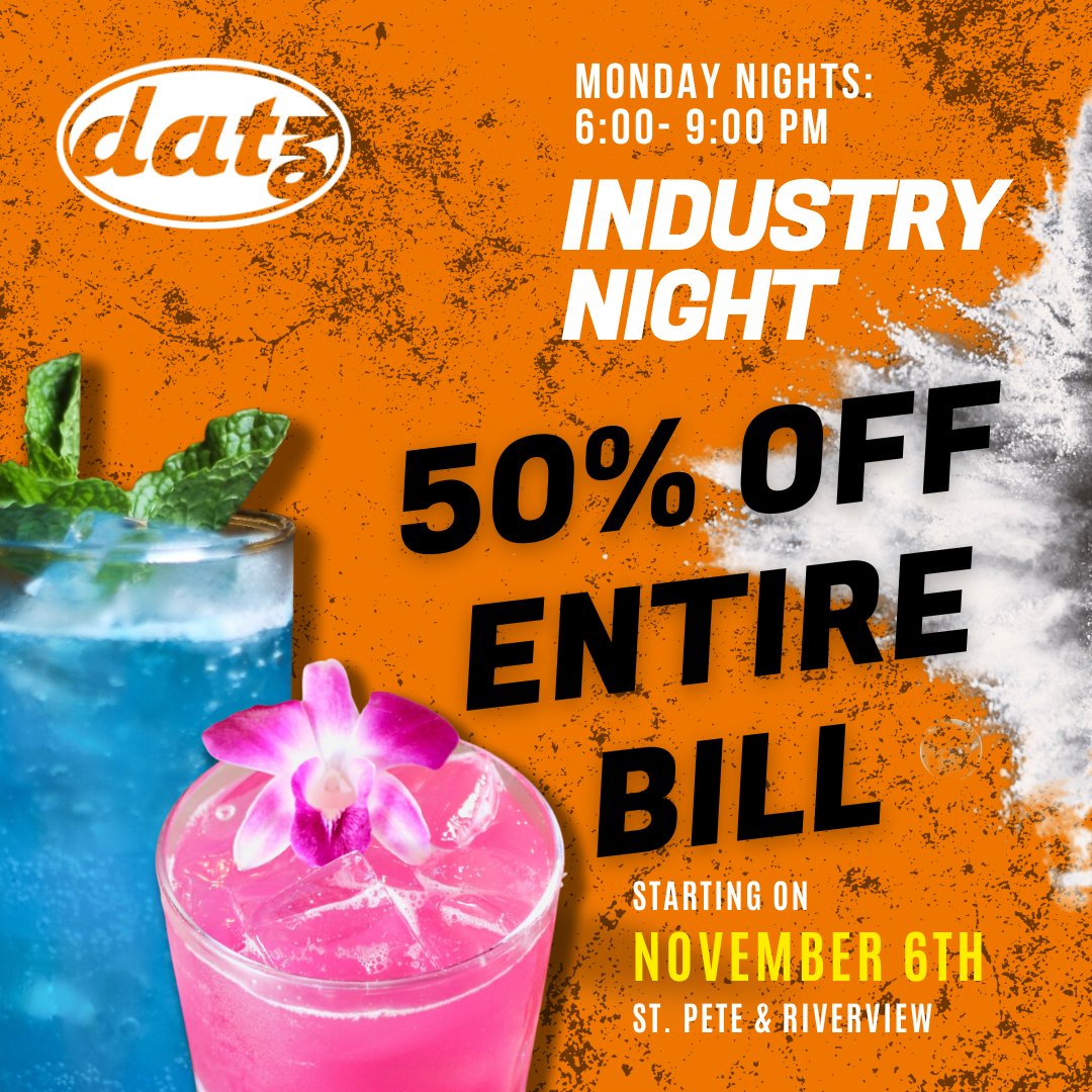 We're here to kickstart your weekend with exciting news! 🎉 

Starting this Monday, November 6th, join us for Industry Nights at Datz– where food industry pros get 50% off their entire bill from 6pm to close.

Let's keep the weekend vibes going all week long! 😄 #IndustryNights