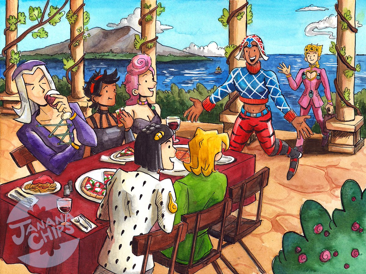 jananachips's tweet photo. 🇮🇹🍕Bucci gang getting piping hot margherita pizzas after yeeting Diavolo.
this is my May illustration for my JoJo Calendar! just 1 more painting to go! 
#jjba #goldenwind https://t.co/l2roQtxxlz