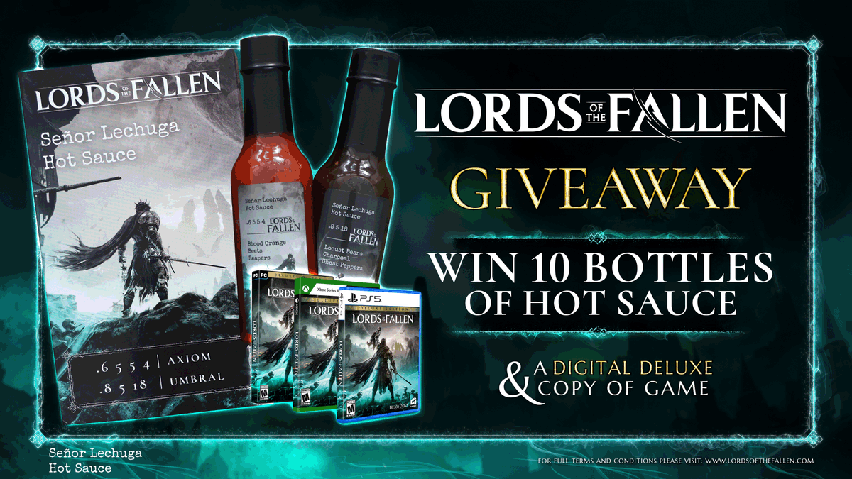 lotfgame's tweet image. Follow &amp;amp; Repost for a chance to win a devastating combo of Lords of the Fallen Axiom &amp;amp; Umbral Hot Sauce from Señor Lechuga!

🪑1x LotF x Señor Lechuga Hot Sauce bundle.
🎁1 x Deluxe copy of LotF.

Full details + more ways to enter here: lotfgame.info/SLHS
#LordsOfTheFallen