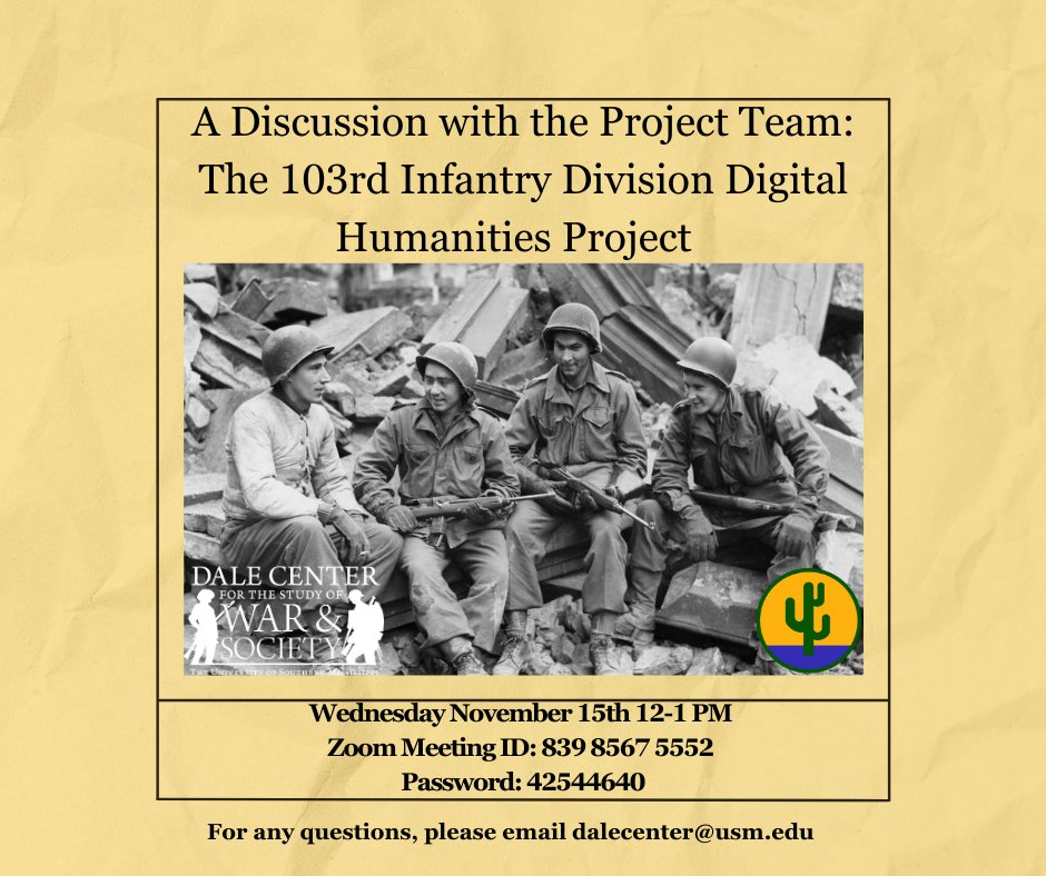 Wednesday November 15th from 1-2 PM, the DC will host a Zoom meeting discussing the 103rd ID DH Project. Moderated by Project Supervisor Dr. Kyle Zelner, this will be a discussion between Project Director, Sarah Hogue, and Web Content Editors, James Witkoski and Nicholas Garrett.