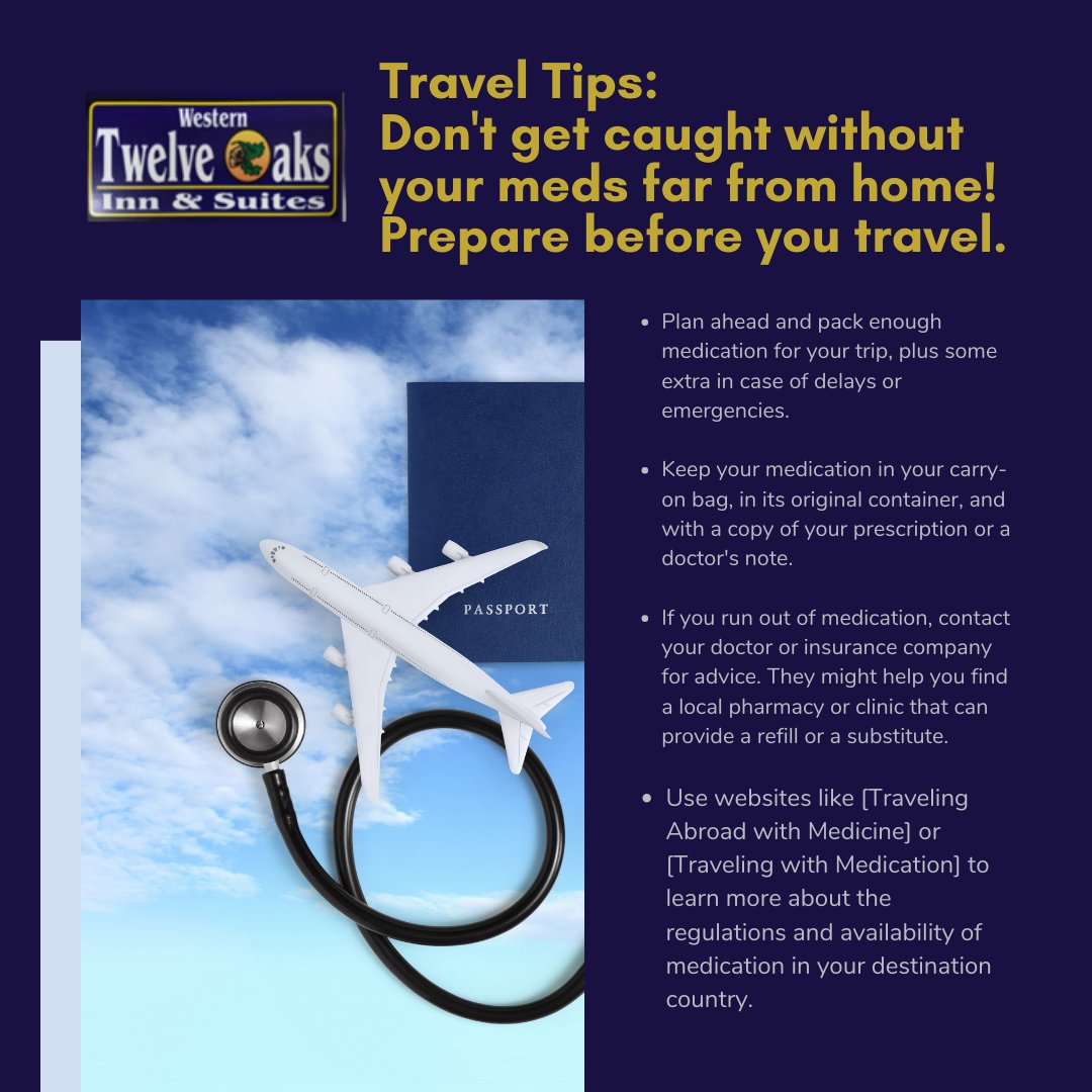OaksSuites's tweet photo. Out of meds while traveling? Stay safe and prepared: Pack enough meds, prioritize your health, and know you can ask for help from your doctor, insurance, or embassy if needed! 💊🌍

#TravelTips #HealthFirst #TravelMedication #TravelPreparation #TravelHealth #TravelSmart #Carthage https://t.co/R1VOhDaeJf