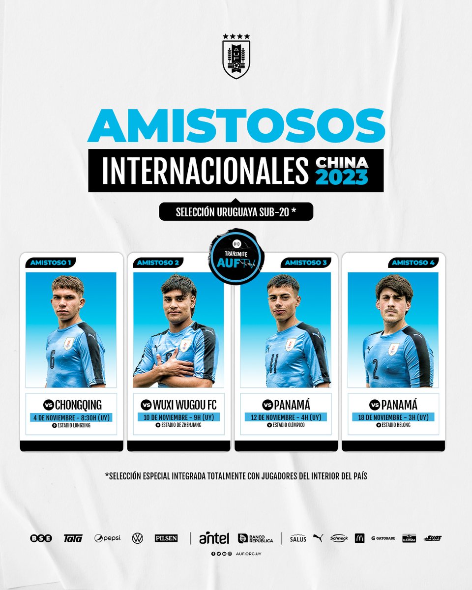 🇨🇳 𝐃𝐞 𝐠𝐢𝐫𝐚 𝐩𝐨𝐫 𝐂𝐡𝐢𝐧𝐚

Una selección Sub-20 integrada totalmente con jugadores del interior del país disputará 4 amistosos internacionales en Asia. 

📺 AUF.TV   

ℹ️ bit.ly/3s9hjGc