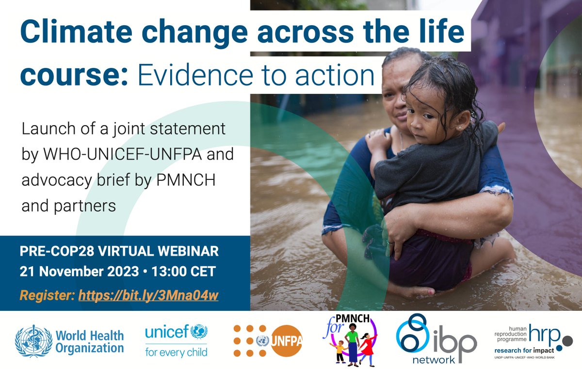 Save the date! 21 Nov at 13:00 CET

#ClimateChange across the life course: Evidence to action

Launch of a joint statement by <a href="/WHO/">World Health Organization (WHO)</a> <a href="/UNICEF/">UNICEF</a> <a href="/UNFPA/">UNFPA</a> and an advocacy brief by <a href="/PMNCH/">PMNCH</a> &amp; partners.

Register: bit.ly/3Mna04w