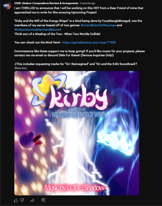 BIG News!! ⚠️
Commission Work Incoming!! Thank you for supporting me! ❤️

If you have Music you would like me to write, my DMs and Email are open (for Serious Inquiries Only!) :)

#kirby #ori #orithegame #kirbysreturntodreamland #oriandthewillofthewisps #music #musiccomposition