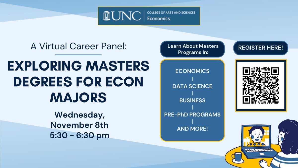 Hey, <a href="/unccollege/">UNC College of Arts and Sciences</a>, curious about continuing your education after college? The ECON
<a href="/UNC_econ/">UNC Economics</a> department is hosting a virtual panel of UNC alums with masters degrees on Wed Nov 8 from 5:30 - 6:30 pm.  Register with the QR code below:
