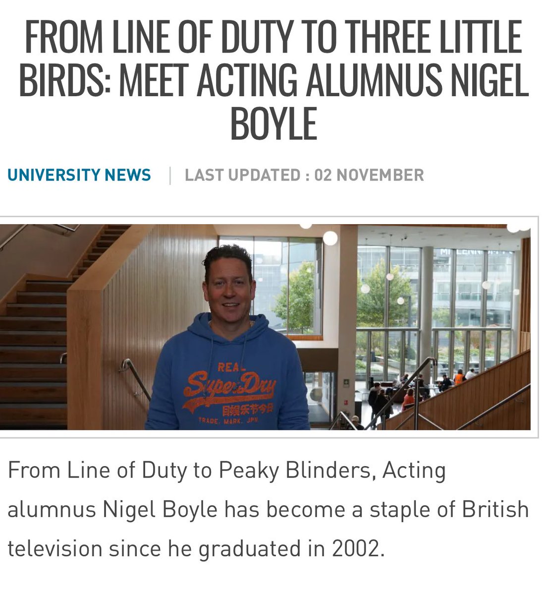 Villaboycey's tweet photo. “As an actor, you get lots of scripts. But there's certain scripts that jump out at you, and Line of Duty was one of them…”

Pleasure chatting to Birmingham City Alumni about growing up &amp; career highlights so far ☺️

Read: https://t.co/Wy2wKmc2Ha

#LineofDuty #ThreeLittleBirds https://t.co/dAJb35oRuX