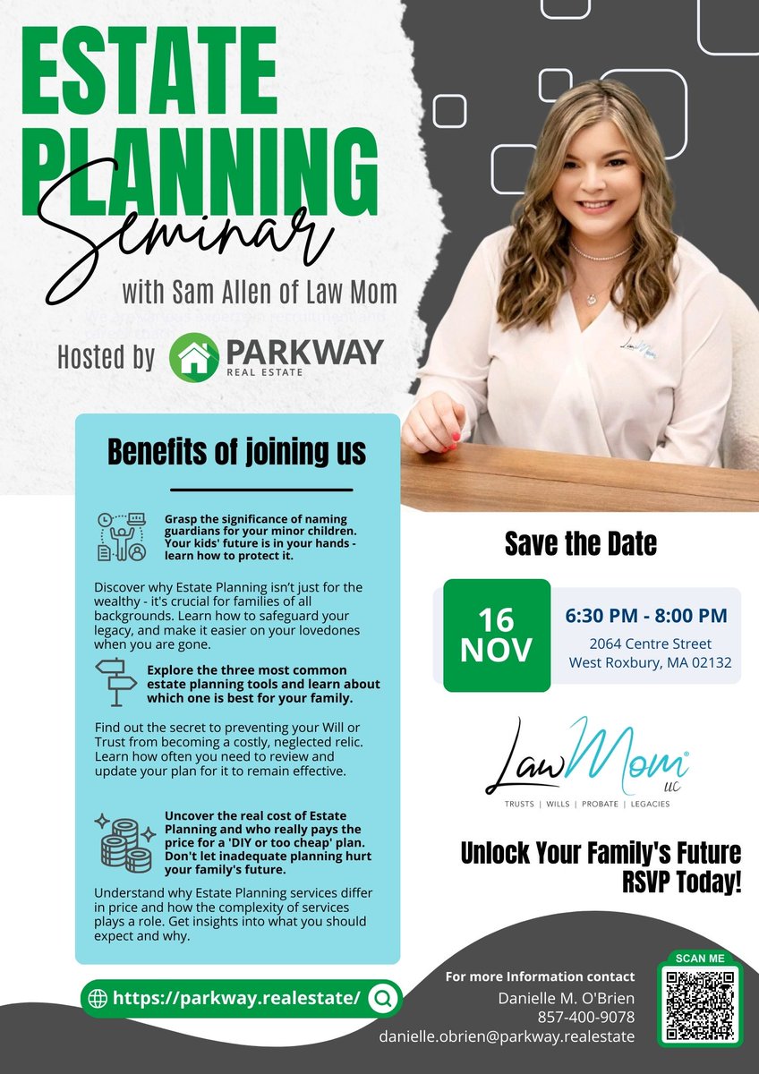 ParkwayRE's tweet photo. 📣Join Us for An Estate Planning Seminar on Thursday Nov 16th in West Roxbury

Learn more and RSVP via our FB event page:
https://t.co/14H9BKv21t

or, reserve direct using the Eventbrite link
https://t.co/1PCSkVgR2v https://t.co/xFwv75B7vS