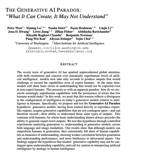 WiMLDS_Paris's tweet image. [#FridayWiMLDSPaper 📜curated by
@JulietteBgl] &quot;The Generative AI Paradox: What It Can Create, It May Not Understand&quot; written by @GXiming @nouhadziri @faeze_brh @LINJIEFUN @liweijianglw @lasha_nlp @khyathi_chandu @AllysonEttinger @YejinChoinka and more... arxiv.org/abs/2311.00059