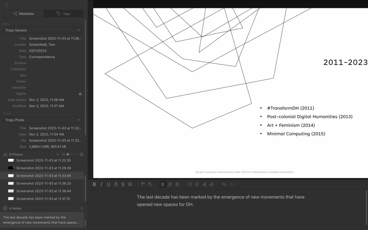 A new addiction with @Tropy -- annotation of the screenshots I take at the presentations I attend. I normally lose the screenshots in the desktop after a while, but now I have my desktop defined as the 'watch folder' of my new Desktop Tropy project #housekeeping 🤓
