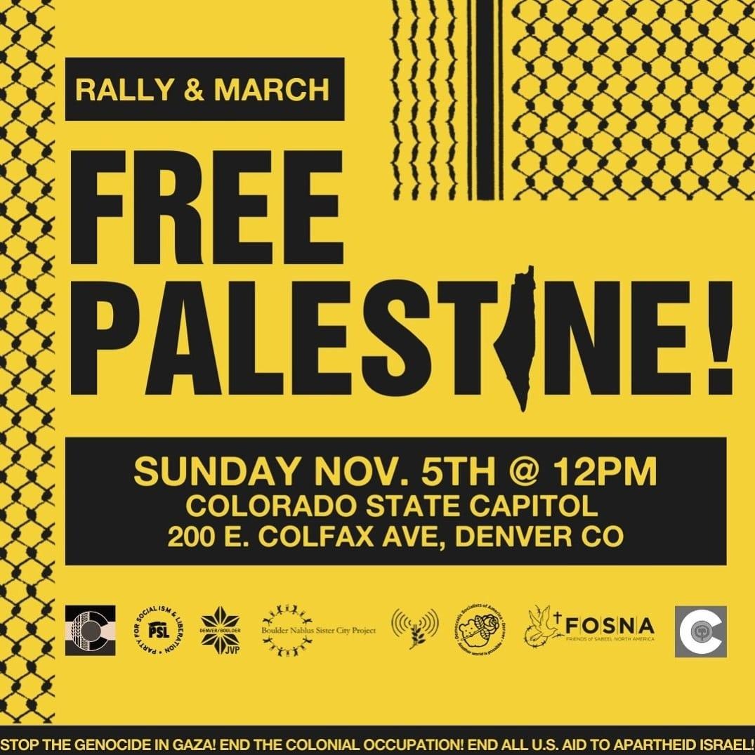 DSAdenver's tweet photo. Right after Denver DSA's Labor for Palestine rally, join us and @copalestineco to march for Palestinian resistance! As cracks are forming in imperialist hegemony, it's never been more important to keep fighting. Hope to see you there.✊🇵🇸 https://t.co/PUDgcZd4VT