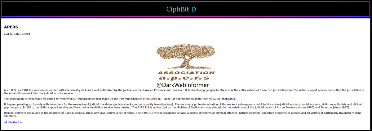 DarkWebInformer's tweet image. Threat Actor: CiphBit
Ransomware Victim: Apers Association
Date: 2023-11-03
Note: Allegedly, #CiphBit has named #ApersAssociation as a victim. #Ransomware #StopRansomware #DarkWeb #DarkWebInformer #Leaks #Leaked #Cyberattack