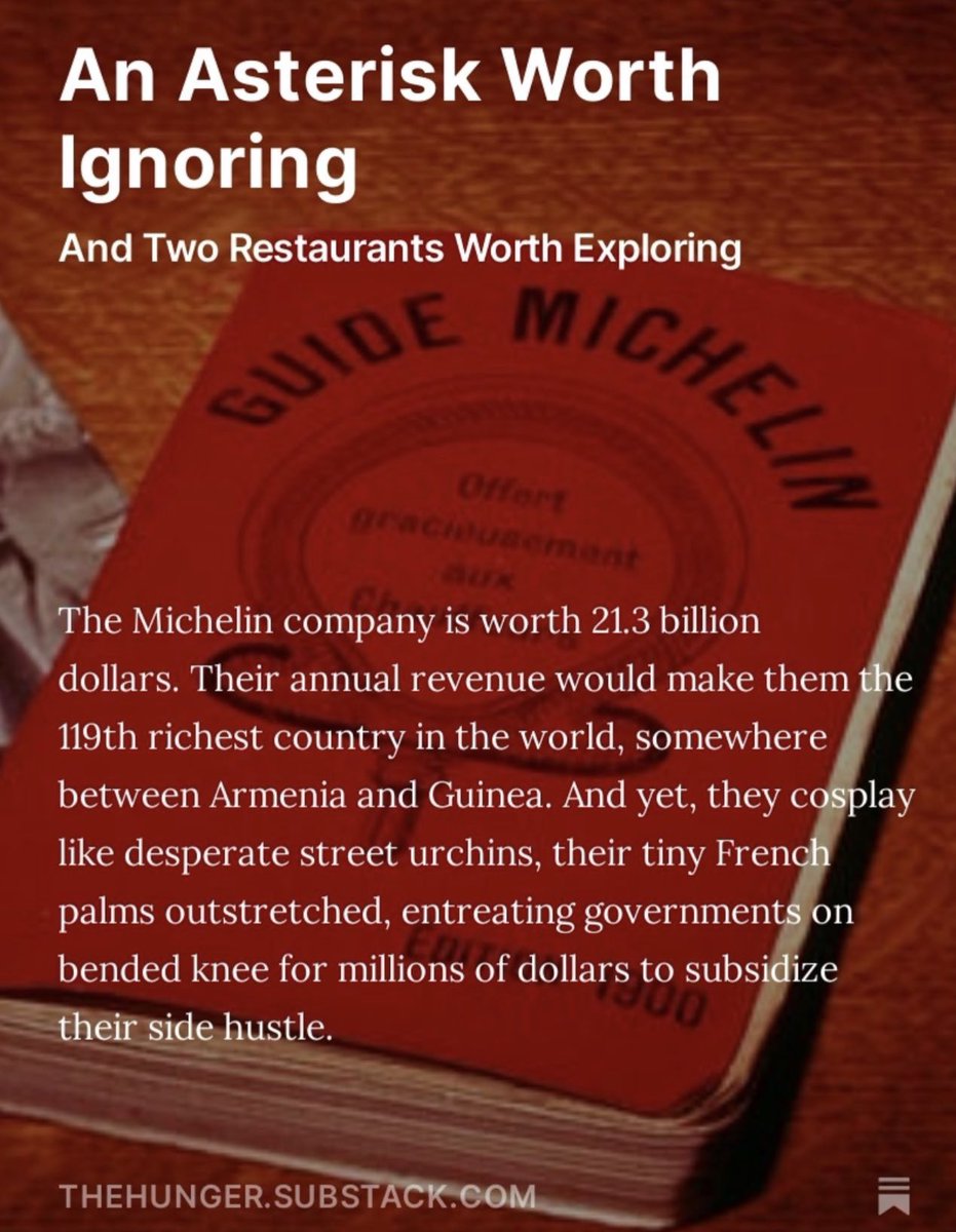 Michelin is probably a joke in your town.

A little light reading for the Friday evening commute.

Thehunger.site
