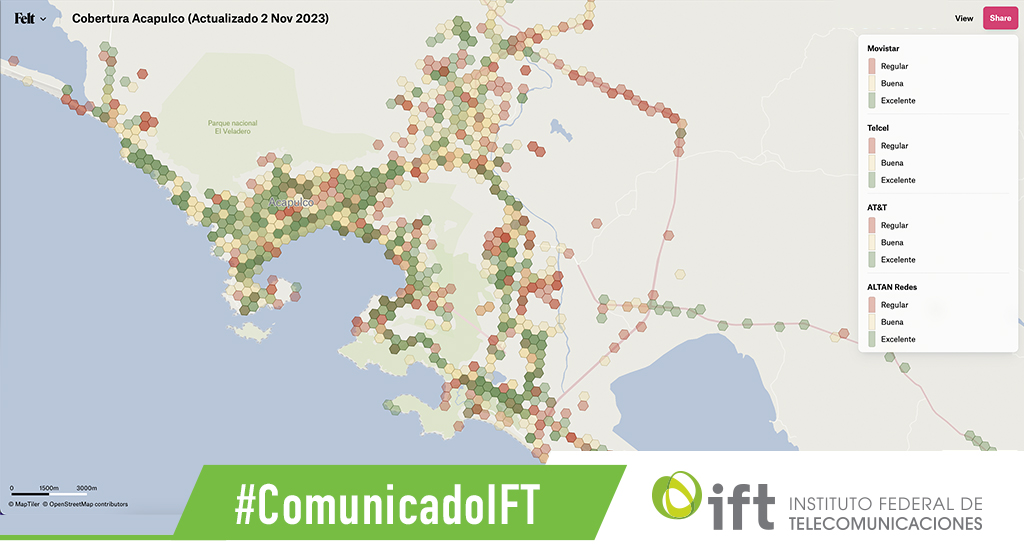 IFT_MX's tweet photo. #ComunicadoIFT El @IFT_MX presenta el “Mapa interactivo de disponibilidad de cobertura móvil en Acapulco"
✅Sirve para ubicar los lugares que cuentan con cobertura en el servicio móvil.
✅Toma los parámetros de medición: Regular, Bueno y Excelente
https://t.co/rtnOZ2ABCn https://t.co/llUknTnHGf