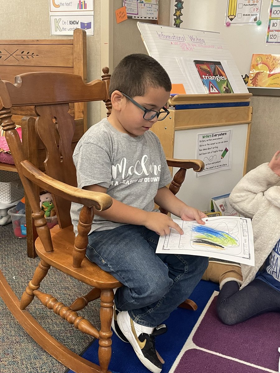 Authors Chair! Sharing our hard work with our informational writing. It was fun learning bat facts! #mccluremarshals #kinderwriting