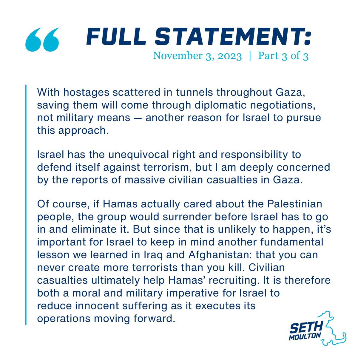 I support Israel's right to defend itself against Hamas terrorists, but I am also very concerned about the large numbers of civilian deaths in Gaza. Israel must prioritize civilian evacuation & surge humanitarian aid into Gaza. New full statement: