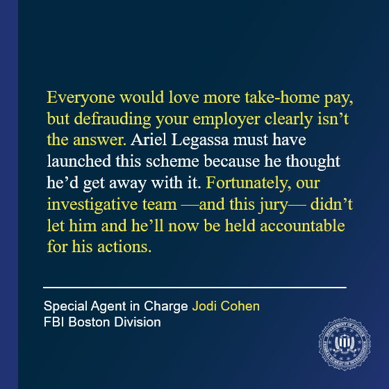 FBIBoston's tweet photo. As a result of an #FBI Boston investigation, Ariel Legassa was convicted today by a federal jury in Boston of fraudulently obtaining over $500,000 from his former employer, New England Sports Network (NESN). https://t.co/pwXmRN9RDU https://t.co/ENoqklDuoA