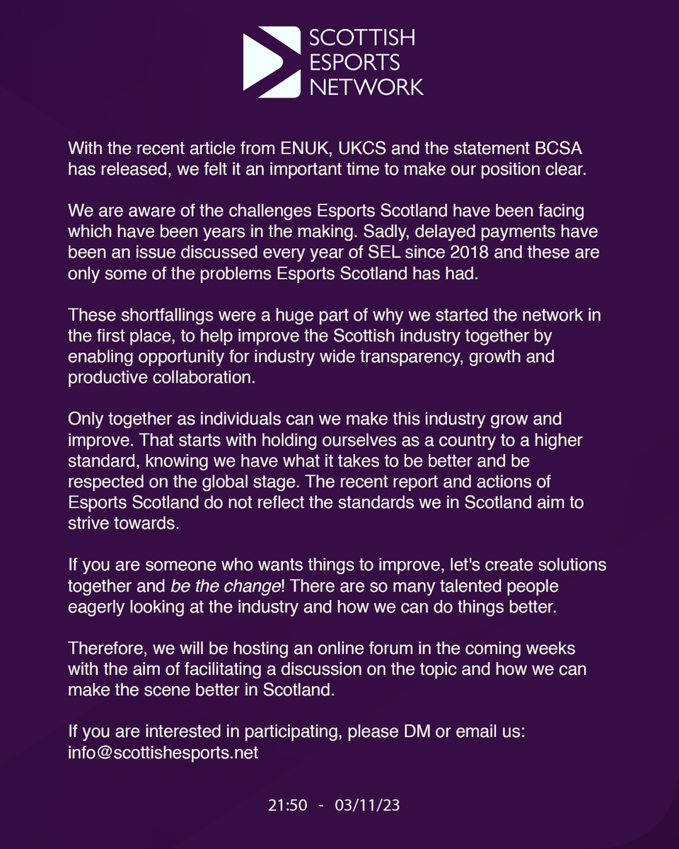 Regarding Esports Scotland and SEL5 Payments