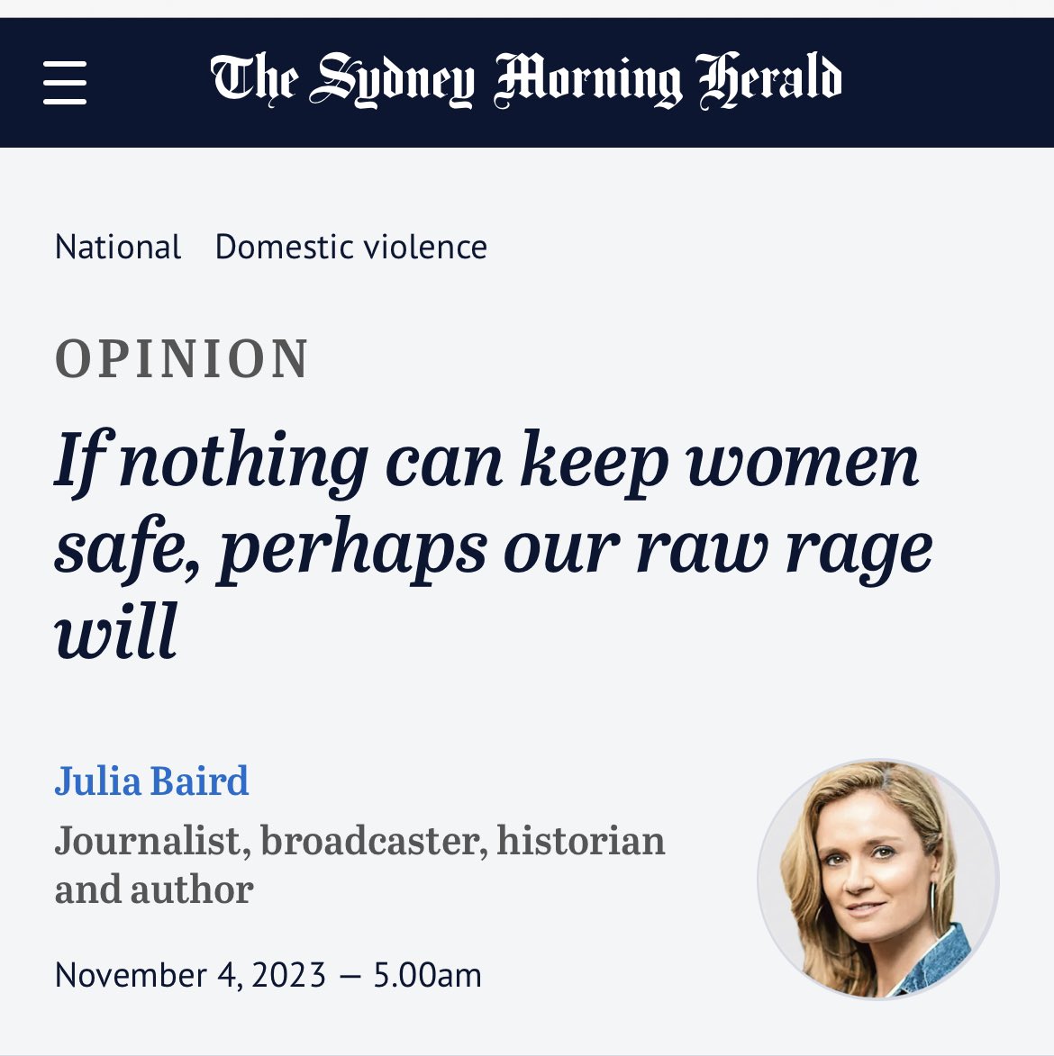 Thanks to @bairdjulia for including my thoughts on the need for increased funding commensurate with the prevalence of violence against women across Australia in her article today. Read here: amp.smh.com.au/national/if-no…