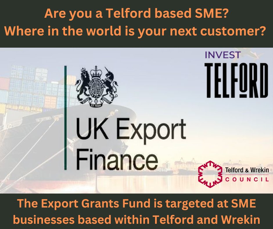 The Export Grants Fund is targeted at SME businesses based within Telford and Wrekin. For more details visit investtelford.co.uk/thrive-telford…
#Telford #Wrekin #Shropshire #ExportingIsGreat