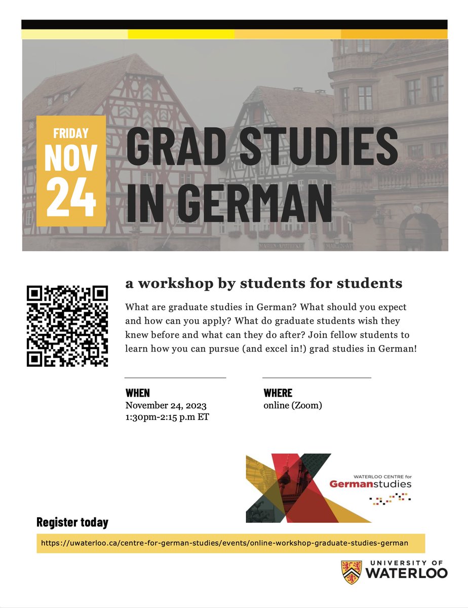 Mark your calendars! Online workshop: GRAD STUDIES IN GERMAN🎓 Join graduate students in German programs to learn about grad studies — what should you expect and what do grads wish they knew sooner? 📅 Friday Nov 24, 1:30-2:15pm ET. Info and register: buff.ly/3rYrqNZ