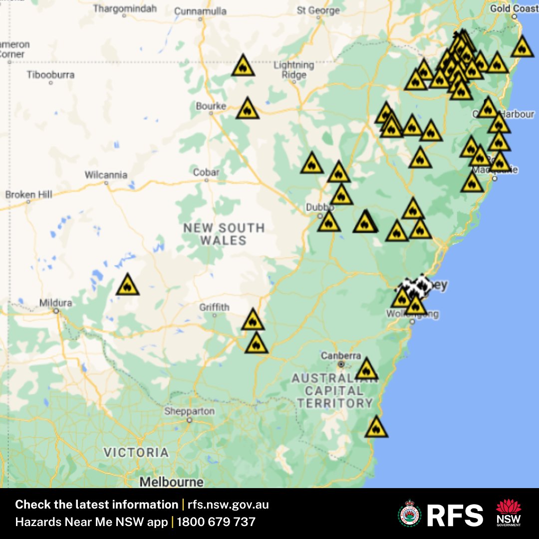 As of 9am, there are 52 fires burning across NSW, with 14 not yet contained. All of the fires currently burning are at the 'Advice' level, with more than 350 firefighters and incident management specialists working to contain these fires. rfs.nsw.gov.au/fnm #RFS