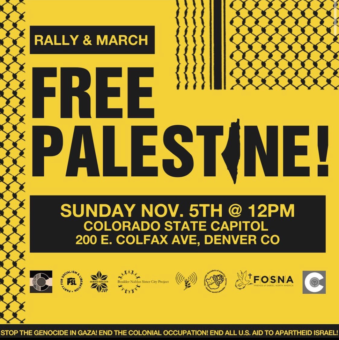 copalestineco's tweet photo. DENVER MARCH FOR PALESTINE  

SUNDAY 11/5 12:00 PM 
COLORADO STATE CAPITOL  

BRING A FRIEND, SEE YOU THERE 🇵🇸 https://t.co/VvcCz5ol9Q