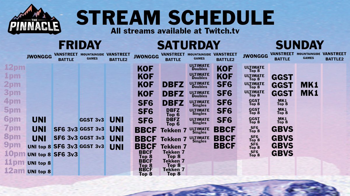 Interested in tuning into Pinnacle 2023? Check out our stream schedule for this weekend! 

 1️⃣ twitch.tv/jwonggg
 2️⃣ twitch.tv/vanstreetbattle
 3️⃣ twitch.tv/mountainsidega…