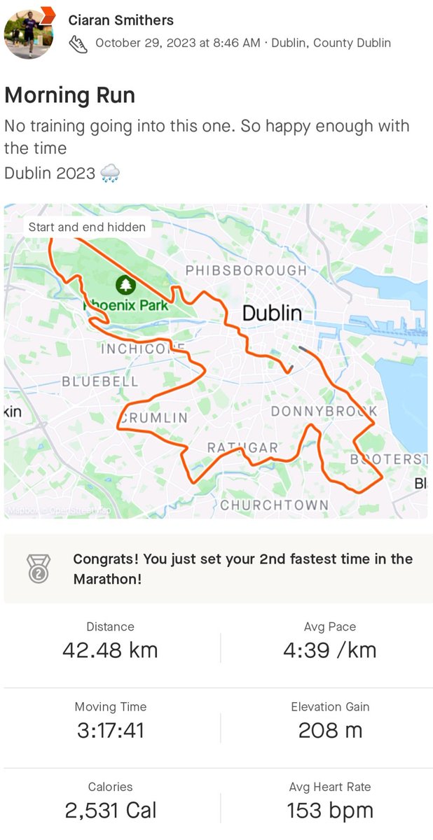 cscs88's tweet photo. No training going into this one. Had no expectations. Happy with the time considering. Going to target sub 3hrs in 2024. #sub3marathon #marathon https://t.co/HC2raT3FnD