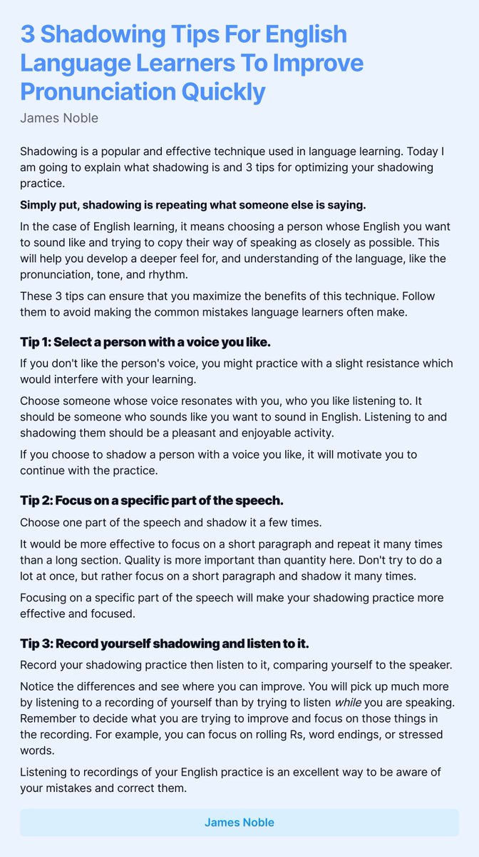 James_Eng_Coach's tweet photo. 3 Shadowing Tips For English Language Learners To Improve Pronunciation Quickly https://t.co/Vl8kMtgmp3