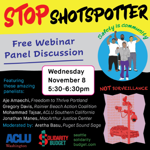 armills's tweet photo. For the 4th time &amp; 2nd year in a row we are fighting to keep racist, inaccurate, &amp; harmful surveillance technology out of Seattle. Nov 8 join Seattle Solidarity Budget &amp; @ACLU_WA at https://t.co/r3dGfUvrEG to learn more about the dangers of ShotSpotter &amp; CCTV in the hands of SPD. https://t.co/KteMRk47Bm